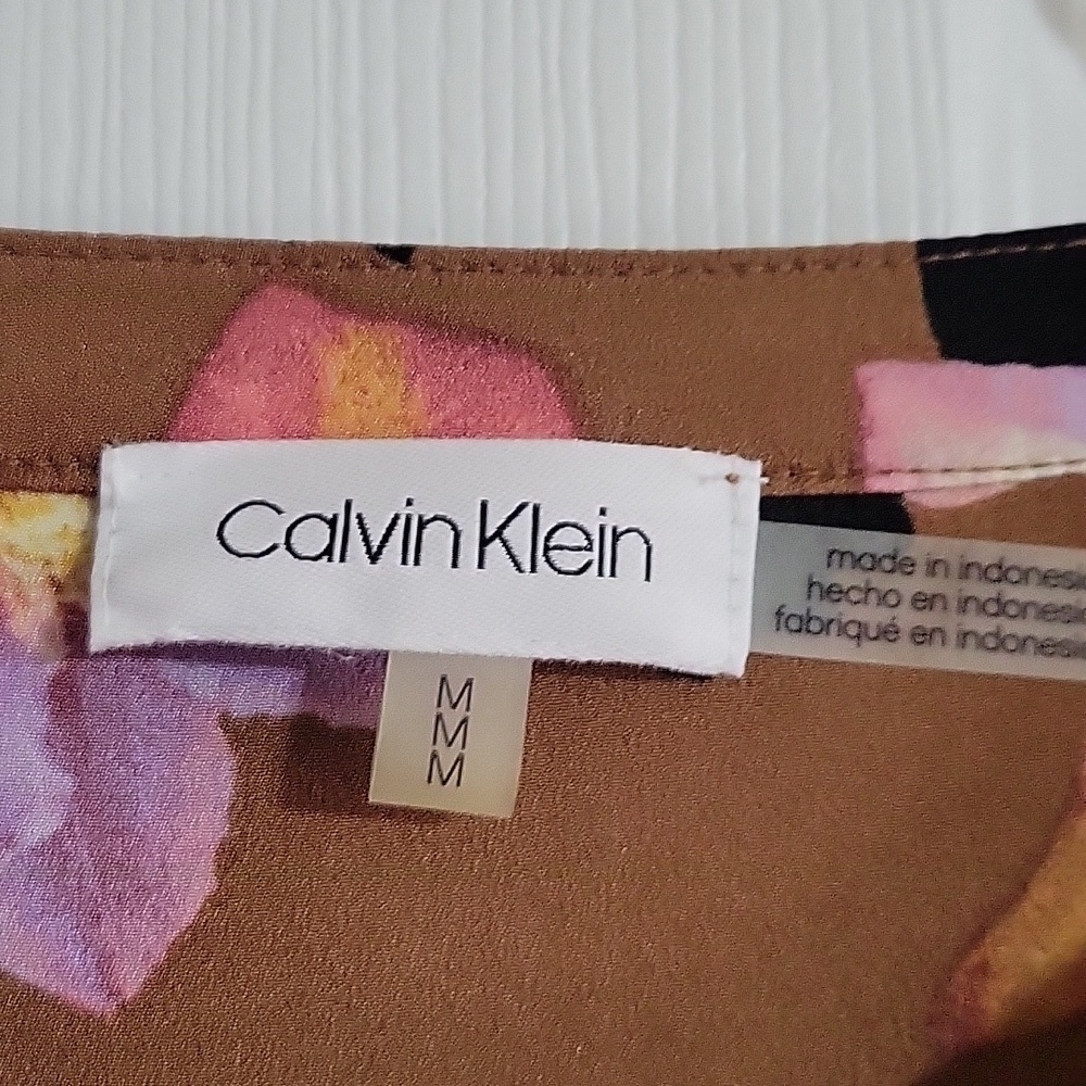 Calvin Klein Floral Button Front Brown Pink White Long Tab Sleeve Top Sz Medium - Picture 8 of 9
